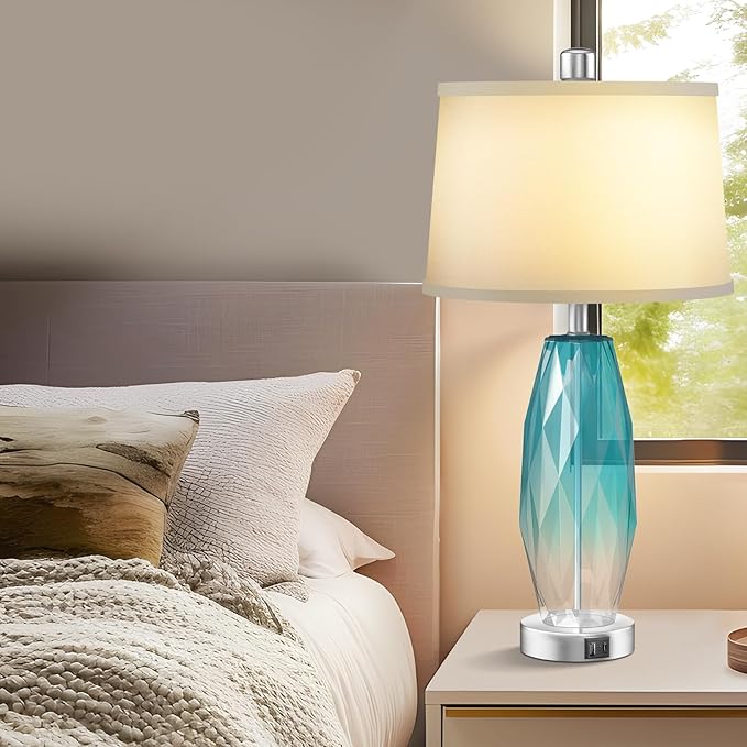 26" Touch Table Lamps Set of 2 for Bedrooms, 3 Way Dimmable Living Room End Table Lamps with Teal Blue Diamond Texture, Modern Glass Bedside Nightstand Lamps with USB C A Port, Bulbs Included