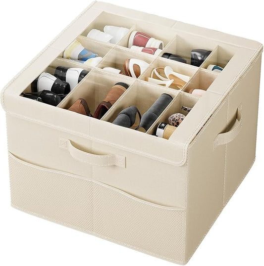 PHINOX Shoe Organizer for Closet, Fits 12-24 Pairs, Shoe Storage Bins with Clear Cover and Reinforced Handles, Foldable Shoe Storage Organizer, Space Saving Shoe Holder for Wardrobe, 1 Pack Beige
