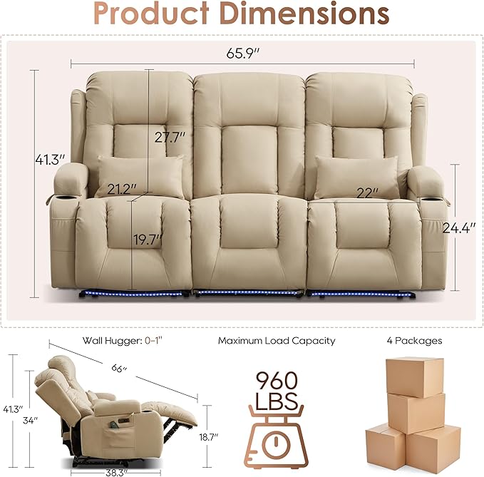 TUNYI Wall Hugger Loveseat Recliner Sofa with Console, Power Reclining Loveseat RV Couch with Massage & Heat/USB/Outlet/Storage/LED Light (Beige, 3 Seat)
