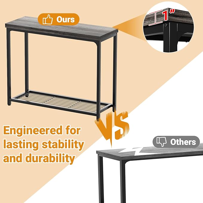 32" Small Console Table, 2-Tier Narrow Entryway Table, Sofa Table with Mesh Shelves, Console Tables for Living Room, Hallway, Entryway, Farmhouse Console Table with Storage, Oak Grey