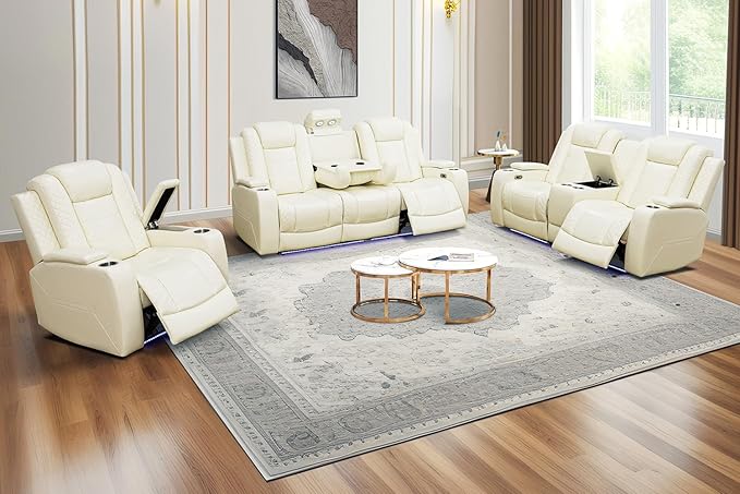 A Ainehome Power Leather Recliner Sofa Set with LED Lights, Recliner Sofa Sectional Couches for Living Room, Reclining Sofa and loveseat with USB Port/Storage Console(Creamy White,3-Piece Set)