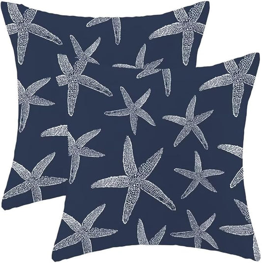 BETGINY Coastal Throw Pillow Cover 18X18 Inch Pack of 2,Summer Nautical Navy Blue Starfish Decorative Pillow Covers Square Linen Beach Ocean Pillow Cases Cushion for Bedroom Home Sofa Decor