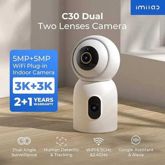 IMILAB C30 Dual 3K+3K Indoor Security Camera, 360° Pan Tilt Pet/Baby/Kid Camera, Room Cam w/Human & Pet Tracking, Smoke Detection, Color Night Vision, 5G WiFi Plug-in Cam, Wall Mount, No Monthly Fee