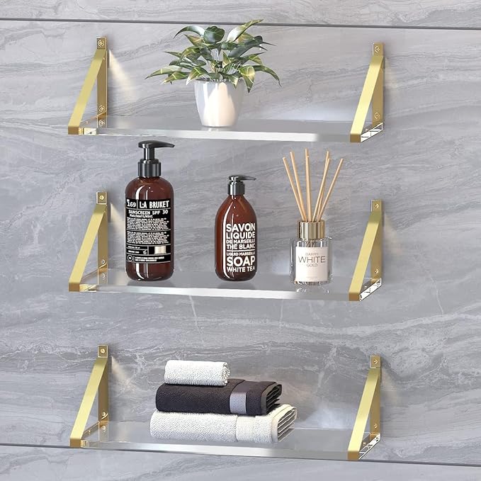 Gold Floating Shelves Crystal-Clear Acrylic Floating Shelves,Sturdy Thickness 10mm(0.4inch) Acrylic Shelves for Wall Decor,Gold Shelving for Living Room Decor Set of 3.