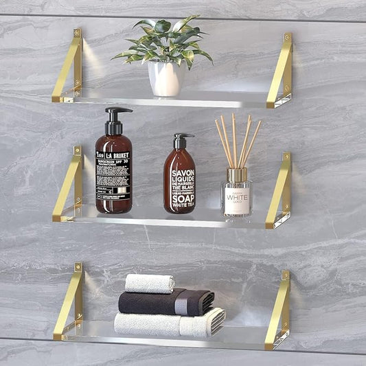 Gold Floating Shelves Crystal-Clear Acrylic Floating Shelves,Sturdy Thickness 10mm(0.4inch) Acrylic Shelves for Wall Decor,Gold Shelving for Living Room Decor Set of 3.