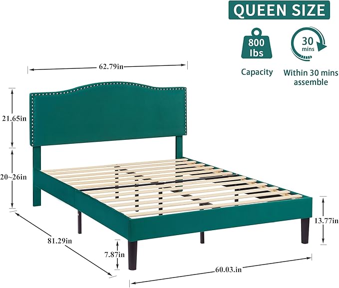 VECELO Queen Bed Frame, Platform Bed Frame with Adjustable Height Upholstered Headboard, Heavy-Duty Frames and Strong Wooden Slats Support, Non-Slip and Noise-Free, Easy Assembly, Dark Green