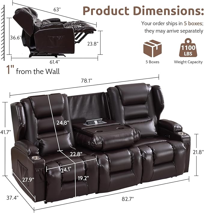 SAMERY Power Loveseat Recliner Sofa, Wall Hugger Reclining Loveseat Sofa, Movie Home Theater Seating with Flip-Backrest, Solid Wood Top, Ambient LED Lights, USB-C, Outlets, Faux Leather, Brown | Extra Wide Seat, Plush Padding, Dual Power Recline, Flip-...