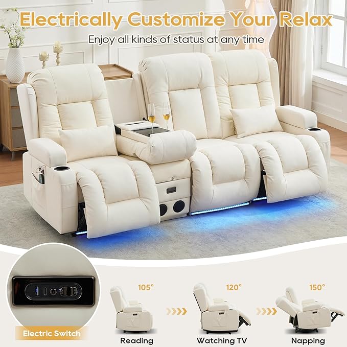 IPKIG Power Recliner Sofa with Flip-Up Backrest Console, USB & USB-C Ports, AC Outlet, LED Lights, Wall Hugger Recliners for Living Room, RV (Off Withe, 89" - 4 Seat) | Faux Leather, Zero Gravity, Dual Reclining, 2 Lumabr Pillow, Bluetooth Speakers
