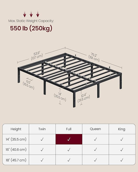 VASAGLE Full Metal Bed Frame 14 Inches Tall, 1100 lb Weight Capacity, No Box Spring Needed, with Under-Bed Storage, Easy Setup, Heavy-Duty Platform Bed, Mattress Retainers, Matte Black URMB652BD02S