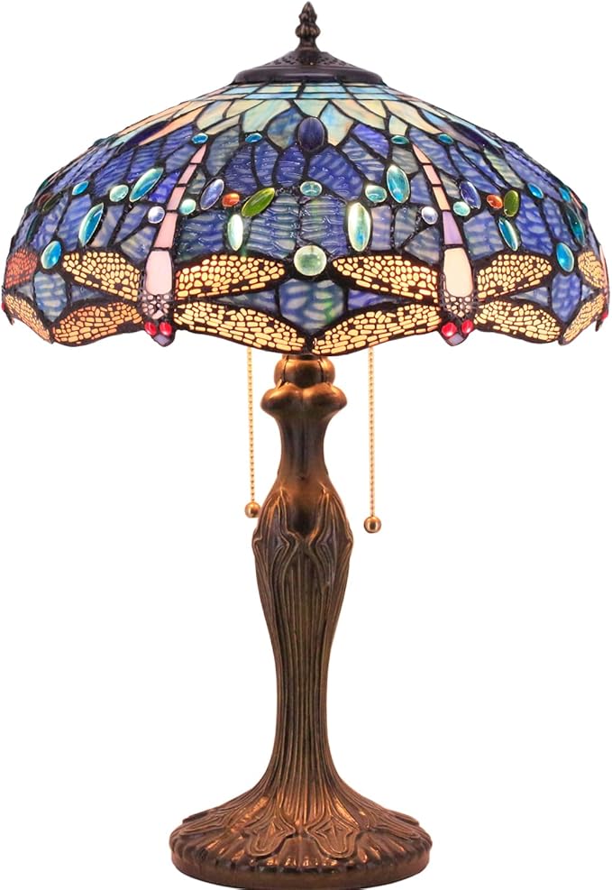 WERFACTORY Tiffany Lamp Blue Stained Glass Dragonfly Style Bedside Table Lamp 16X16X24 Inch Desk Reading Light Metal Base Decor Bedroom Living Room Home Office S631 Series