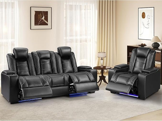 ANJ 3PCS Power Recliner Sofa Set with 1 Recliner, Electric Reclining PU Leather Living Room Furniture with USB Ports, Cup Holders and Hidden Arm Storage, LED