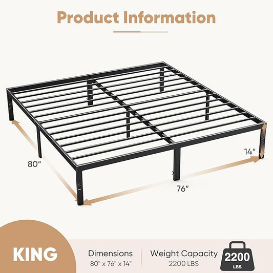 DUMOS King Size Bed Frame - Metal Platform Bed Frames Mattress Foundation with Steel Slat Support, No Box Spring Needed, Storage Space Under Base, Easy Assembly, Black