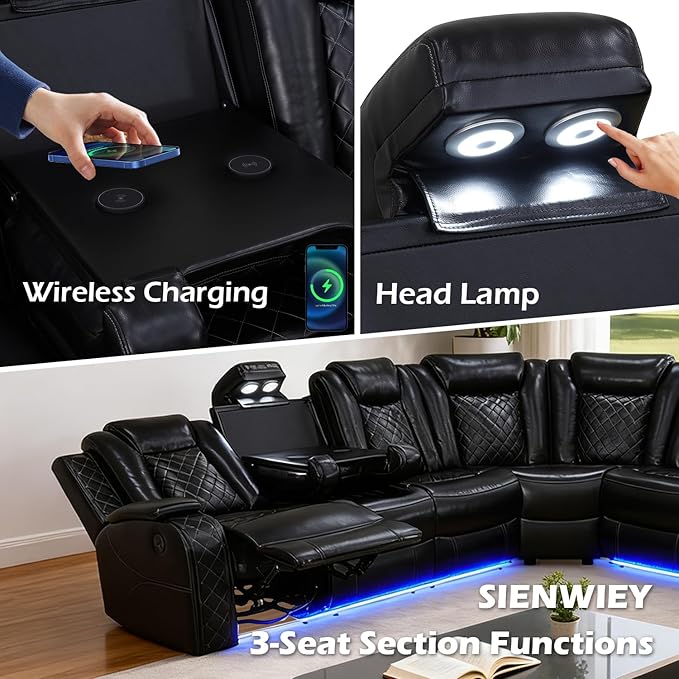 Leather Power Recliner Sectional Sofa Set with LED Light,L Shape Leather Couch Set with 3 Seats Sofa,Modular Corner Couch with USB Port for Living Room Furniture(Black, Sectional+3 Seats)