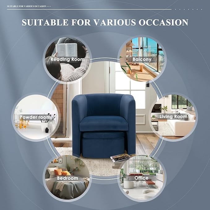 COLAMY Morden Velvet Living Room Side Chair with Storage Ottoman Set of 2, Single Sofa Armchair with Lounge Seat, Upholstered Barrel Accent Chair for Bedroom/Office/Reading Spaces, Blue