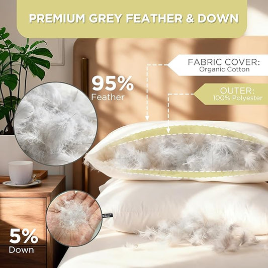 Farm to Home Feather and Down Pillows, 100% Organic Cotton Cover Pillows, Luxury Hotel Collection Bed Pillows for Sleeping, 20" x 36" King Size Set of 2