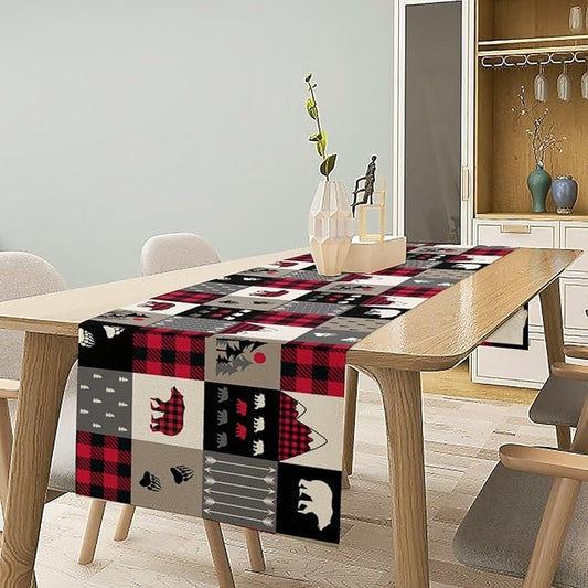 Vintage Rustic Table Rustic Cabin Red Brown Bear Retro Wildlife Farmhouse Theme for Kitchen Dining Room Holiday Party Family Gatherings Decor 13x90in