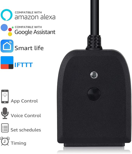 LITEdge Outdoor Smart Plug, WiFi 2-in-1 Plug Power Outlet, Compatible with Google Home & Alexa, APP Cordless Remote Control Smart Outlet Socket, Remote Control, Timer, Waterproof