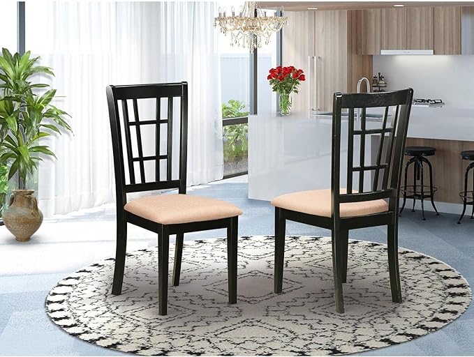 East West Furniture NIC-BLK-C Nicoli Kitchen Dining Chairs - Linen Fabric Upholstered Wood Chairs, Set of 2, Black
