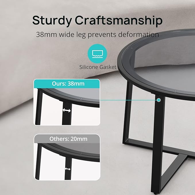 Evajoy Coffee Table, 27.6" Round Coffee Table with Tempered Glass Surface, Center Table for Living Room, Dining Room, Tea, Home Décor,Black