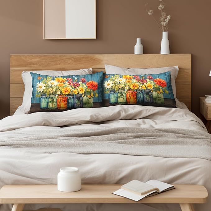 Daisy Floral Lumbar Pillow Covers 12x20 Set of 2 Rustic Vintage Flower Vase Wood Board Throw Pillow Cases Spring Summer Watercolor Flowers Outdoor Pillowcase for Farmhouse Couch Sofa Decor