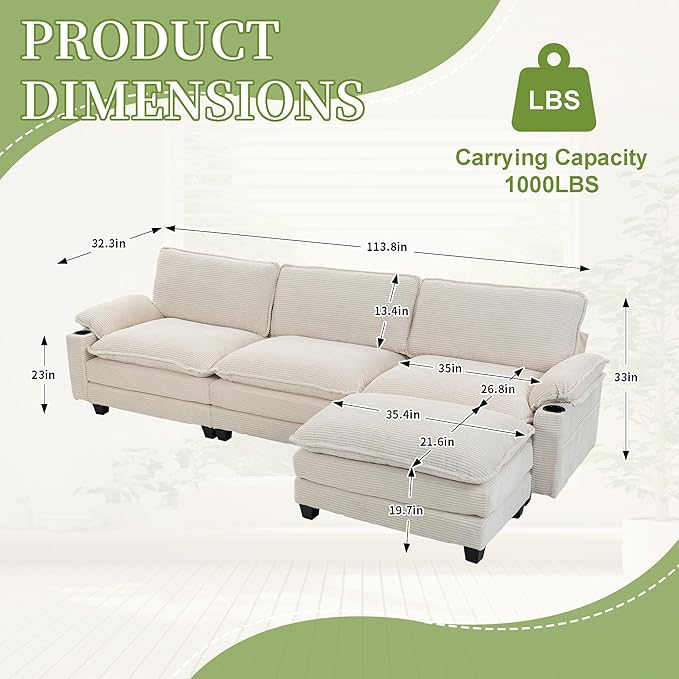 113" Convertible L Shaped Modular Sectional Sofa with Ottoman, Deep Seat Cloud Corner Couch with Layered Cushion, Corduroy Upholstered Sofa Couches w/Cupholders and Side Pockets | Wood Frame, Solid Legs