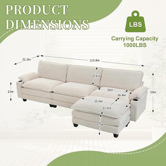 113" Convertible L Shaped Modular Sectional Sofa with Ottoman, Deep Seat Cloud Corner Couch with Layered Cushion, Corduroy Upholstered Sofa Couches w/Cupholders and Side Pockets | Wood Frame, Solid Legs