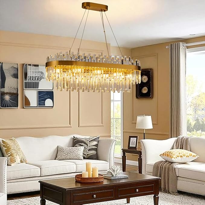 Gold Crystal Chandelier for Dining Room, 35.4" Modern Luxury 2-Tier K9 Crystal Oval Chandelier, 10-Light E12 Base Pendant Light, Height Adjustable for Kitchen Island Living Room Light Fixture