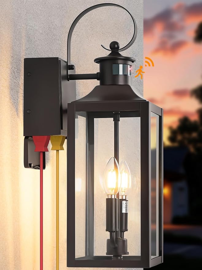 Porch Lights with GFCI Outlet, 20" Brown Dusk to Dawn Motion Sensor Outdoor Lights, Exterior Lighting Fixtures with GFCI Outlet Built-in, Waterproof Bronze Outdoor Wall Sconce for House Patio