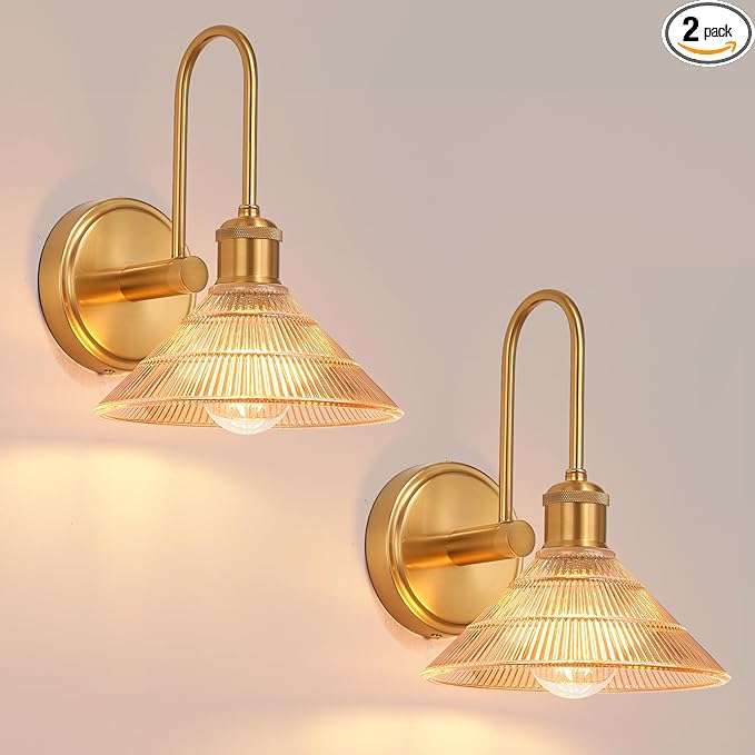 Wall Sconce Set of 2, Gold Vintage Light Fixtures with Round Amber Glass Lampshade, Hardwired Sconces Wall Lighting for Bedroom, Bathroom, Living Room | Includes 2 LED Bulbs