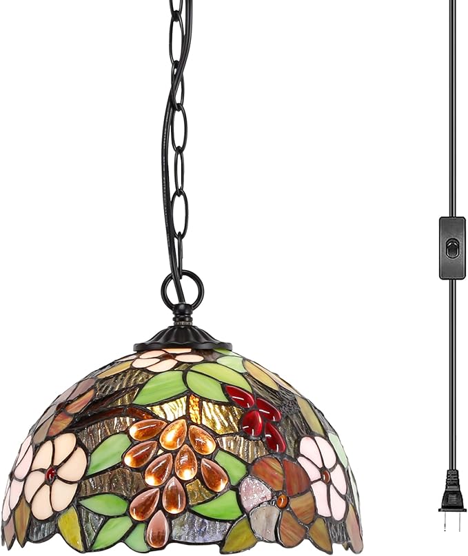 Tiffany Pendant Light Plug in 12 Inch Green Purple Grape Stained Glass Hanging Lamp with Chain 33 Inch, Cord 15 Feet