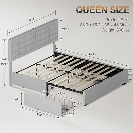 VECELO Queen Size Bed Frame with 4 Storage Drawers & Adjustable Headboard, Built-in Charging Station, Upholstered Bedframe with Wood Slats Support, Light Grey