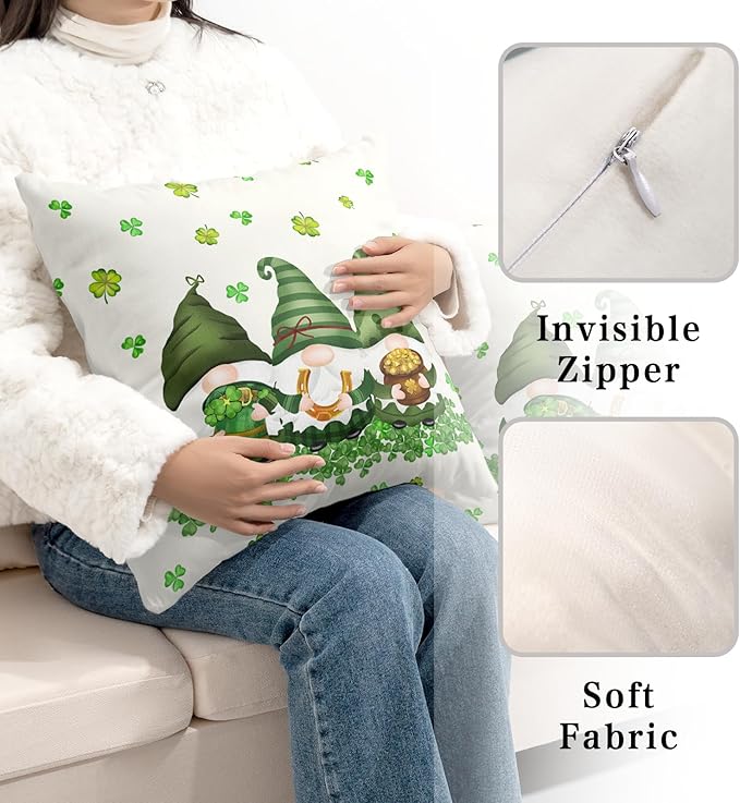 Set of 2 St.Patrick's Day Decorative Throw Pillow Covers 24x24 Lucky Clover Shamrocks Pillow Cases Square March Holiday Cotton Blend Pillowcase for Home Sofa Couch Decor