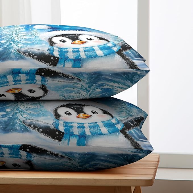Winter Blue Outdoor Pillow Covers 12x20 Set of 2 Christmas Penguin Snowflake Lumbar Throw Pillow Covers Xmas Winter Holiday Rectangle Pillow Cases for Farmhouse Living Room Decor