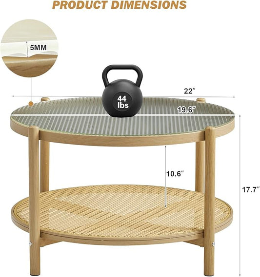 COSVALVE 19.6" Boho Rattan Coffee Table, Round Glass Metal End Table, Modern Simple 2 Tier Side Table for Sofa Bed Side Small Space Living Room Bedroom Office Meeting Room