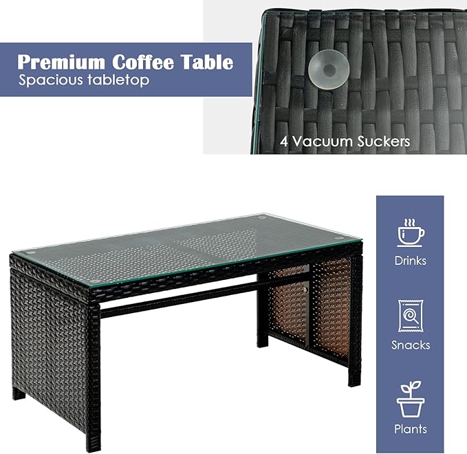 Tangkula 8 Pieces Rattan Furniture Set, Outdoor Conversation Set w/Chair & Loveseat & Tempered Glass Coffee Table, Suitable for Garden, Backyard, Poolside, Patio Furniture Set for 8 (2, Blue)
