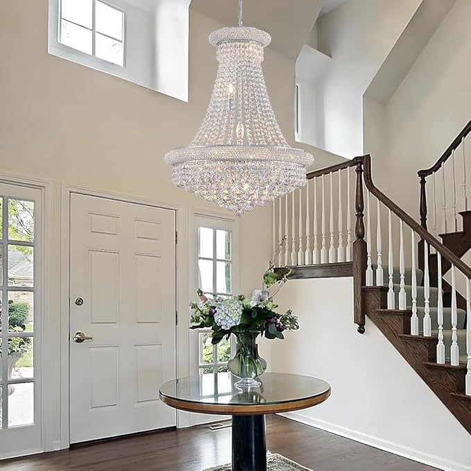 Modern Crystal Chandeliers Foryer Chandelier for High Ceilings, 11-Lights Silver Empire Crystal Chandeliers for Living Dining Room Entryway Hallway(D23.6)