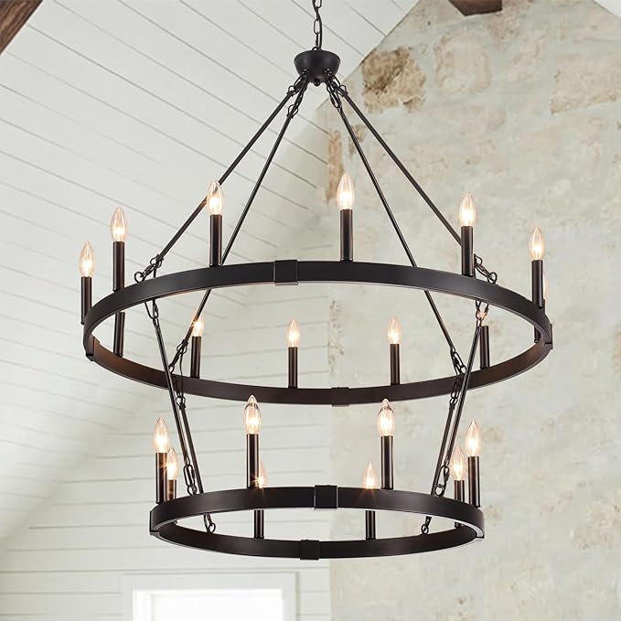 20-Light 2 Tier Black Wagon Wheel Chandelier, 38.19" Large Chandeliers for High Ceilings, Farmhouse Chandeliers for Dinning Room Living Room Kitchen Island Foyer