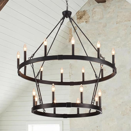 20-Light 2 Tier Black Wagon Wheel Chandelier, 38.19" Large Chandeliers for High Ceilings, Farmhouse Chandeliers for Dinning Room Living Room Kitchen Island Foyer