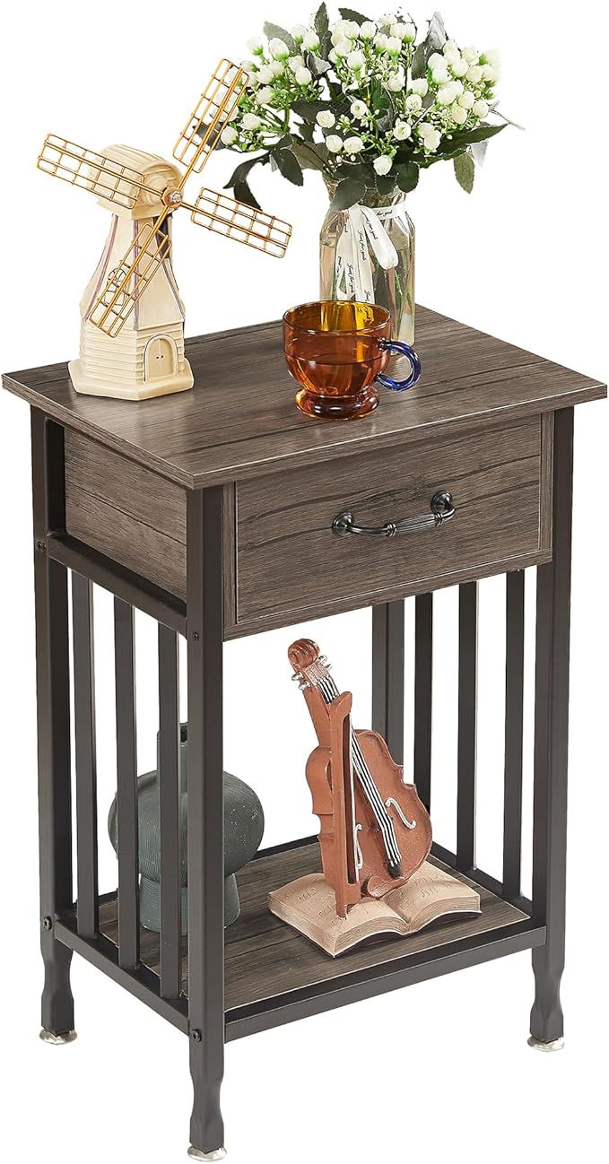 VECELO Nightstands, Industrial Side/End Tables with Drawer and Storage Shelf, Night Stands for Bedroom, Living Room, Wood Metal Furniture, Easy Assembly