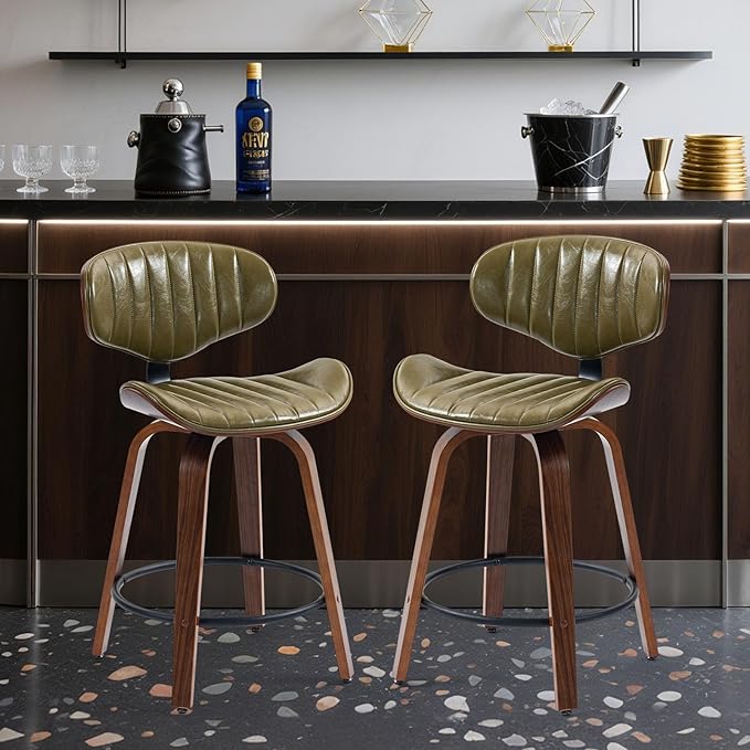 Modern Bar Stools Set of 3, 24 inch PU Leather Wooden Bentwood Barstools Counter Height Swivel Breakfast Bar Chair with Backrest Footrest for Kitchen Island, Dining Room D035-Olive Green-3