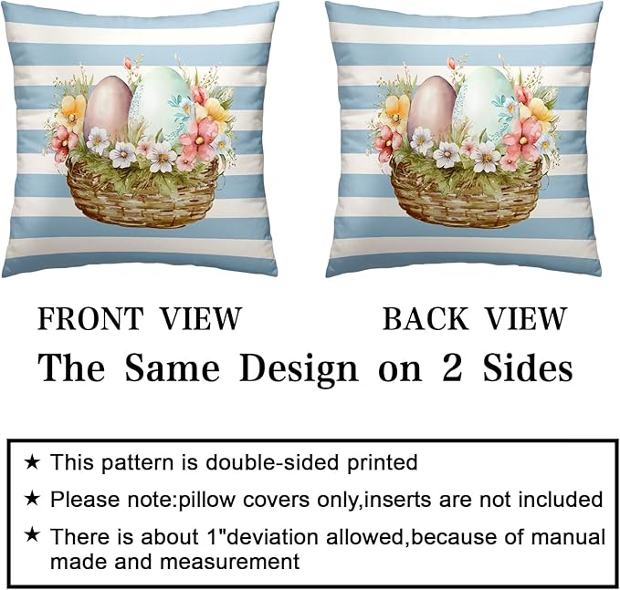 Spring Blue and White Stripes Easter Pillow Covers 24x24 Pack of 2 Egg Cute Rabbit Lovely Flowers Pillows Cases Holiday Warm Home Decor for Indoor Sofa Couch