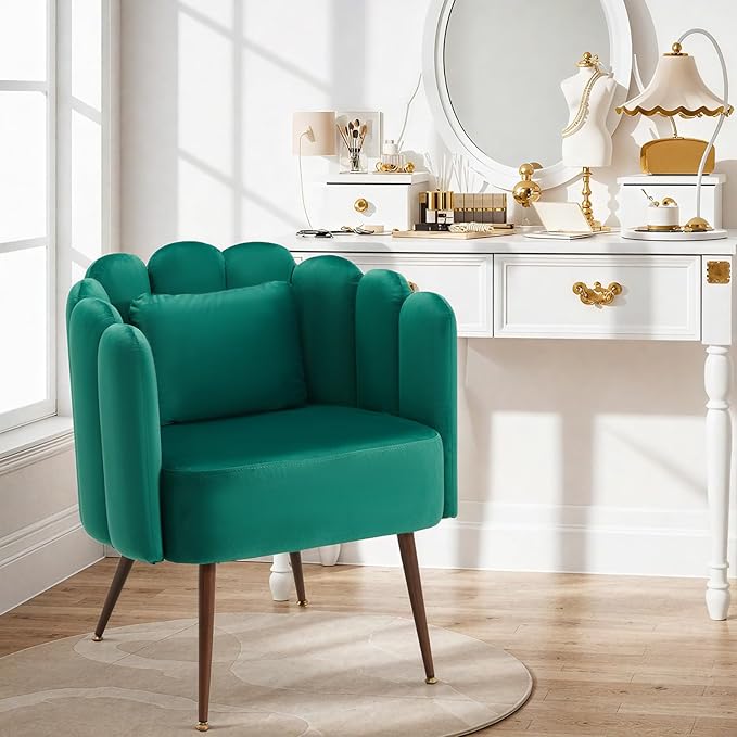 HOMREST Velvet Vanity Chair with Back,Mid-Century Modern Small Accent Chair for Living Room,Petal Backrest Decorative Chair,Pillow & Metal Legs-Plush Lounge Chair for Vanity,Living Room,Bedroom-Green