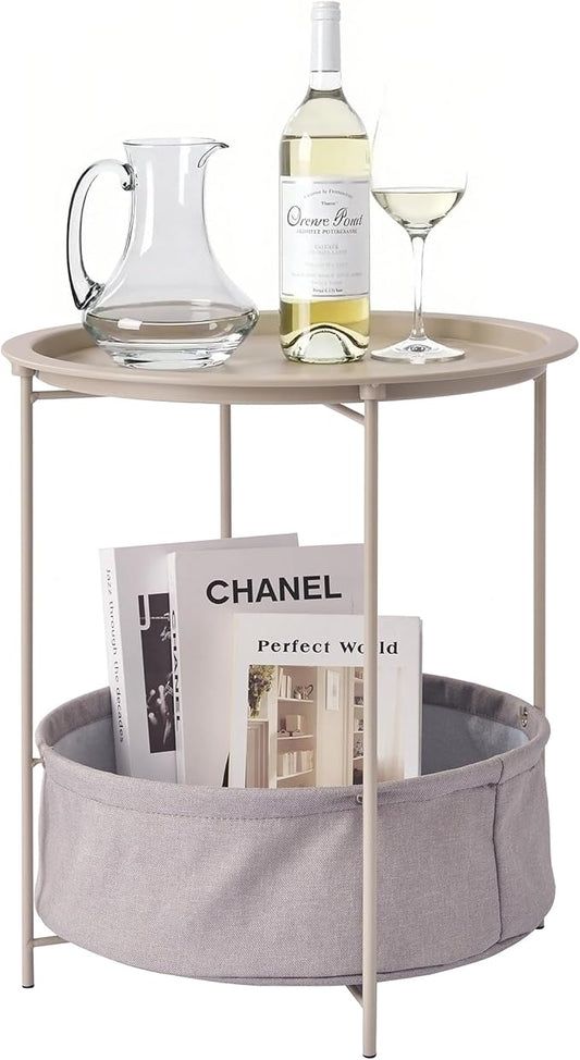 VECELO Round Side/End Table with Fabric Storage Basket，Metal Anti-Rust and Waterproof Small Bedside Nightstand with Removable Tray Top for Living Room，Balcony & Laundry，Grey /1pcs with Basket