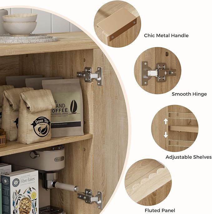Buffet Cabinet with Storage, Modern Fluted Accent Sideboard with Doors & Adjustable Shelves, Buffet Table Entryway Cabinets for Living Room, Kitchen, Dining Room, Hallway, Natural