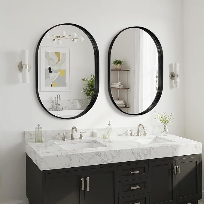 Suidia 2-Pack 22" x 30" Bathroom Mirror, Bathroom Vanity Mirror Metal Framed, Wall-Mounted Mirrors for Bedroom, Living Room, Entryway, Hallway, Black, Oval Style