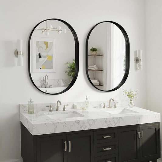 Suidia 2-Pack 22" x 30" Bathroom Mirror, Bathroom Vanity Mirror Metal Framed, Wall-Mounted Mirrors for Bedroom, Living Room, Entryway, Hallway, Black, Oval Style