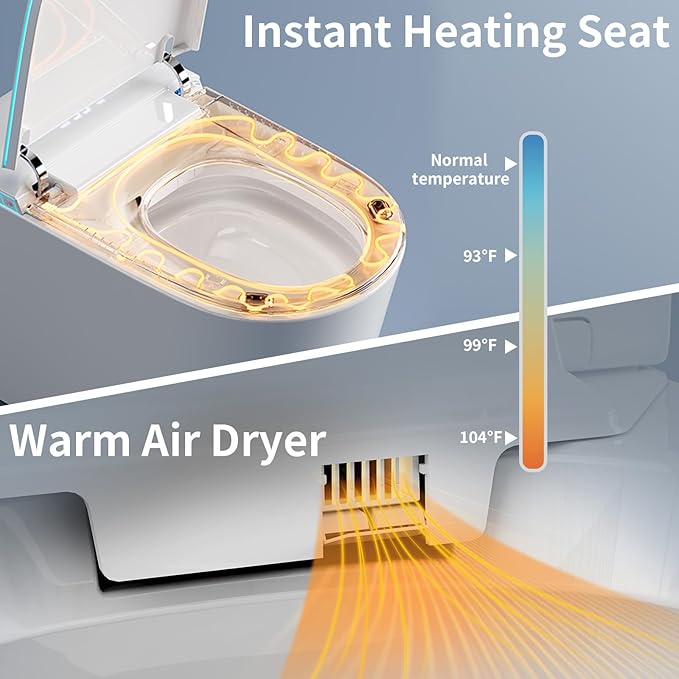 Smart Toilet with Bidet Built in, Bidet Toilet with Heated Seat and Night Light, Modern Tankless Toilet with UV for Bathroom, One Piece Toilets with Soft Close, Dryer, Foot Sensor, Auto Lid&Seat