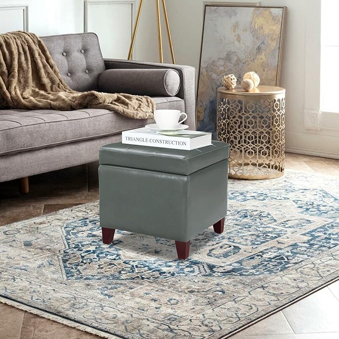 Adeco 18" Square Storage Ottoman with Hinged Lid, Waterproof Faux Leather Tufted Footstool, Sturdy Cube Seat for Living Room, Bedroom & Entryway, Supports 250lbs, Cement Grey