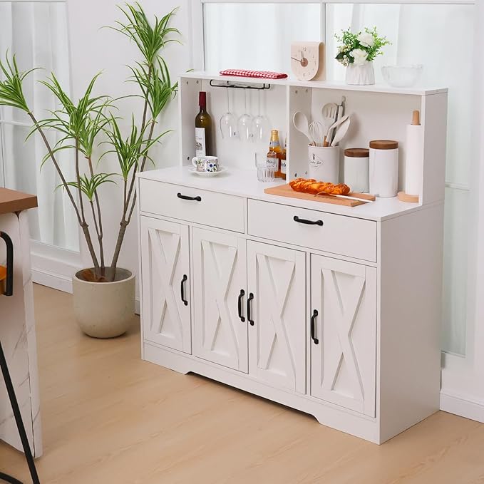Sideboard Buffet Cabinet with Storage, 47'' Farmhouse Coffee Bar Cabinet, Kitchen Pantry Storage Cabinet with Doors and Shelves for Dining Room, Living Room, Kitchen, White