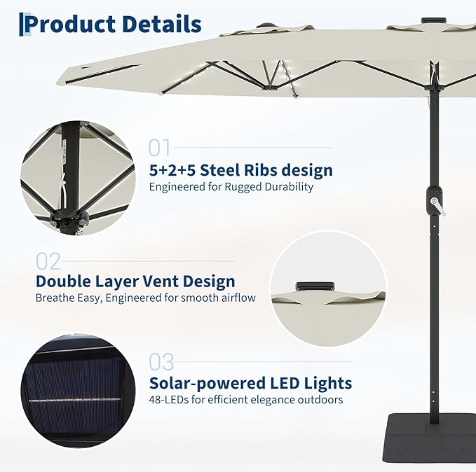 GarveeLife 15 FT Patio Umbrella with Base Included, Patio Table Umbrella with solar lights, 10 Sturdy Ribs UV Protection Waterproof for Garden, Pool, Deck, Backyard (Beige)